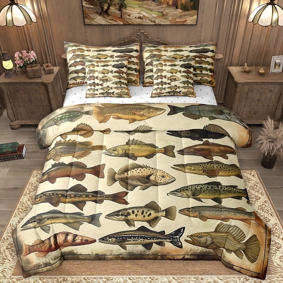 Homewish Fishing Theme Twin Bedding Sets 7-Piece for Female Men Adults,Big Bass Fish Bedding Comforter Set Microfiber,Retro Vintage Breathable Sheet Sets,Ultra Soft Home Decor,Reversible