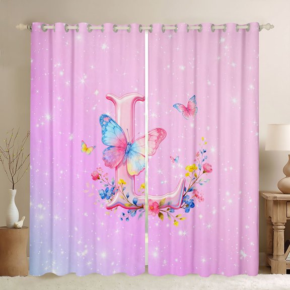 Homewish Flora Letter L Curtains Pack of 2 (42x84 Each) for Teen, Fairy Tale Butterfly Curtains Blackout, Dreamy Cartoon Theme Bedroom Curtains, Window Curtains Decor