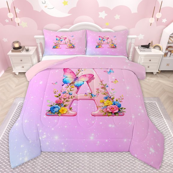 Homewish Flora Letter A Queen Comforter Set for Teen, Fairy Tale Butterfly Bedding Sets, Dreamy Cartoon Theme Reversible Bedding Comforter Set, Ultra Soft Bedroom Decor, 3-Piece