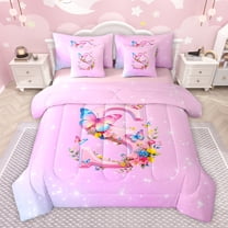 Homewish Flora Letter S Twin Bedding Sets 7-Piece for Teen, Fairy Tale Butterfly Bedding Comforter Set, Dreamy Cartoon Theme Reversible Sheet Sets, Ultra Soft Bedroom Decor