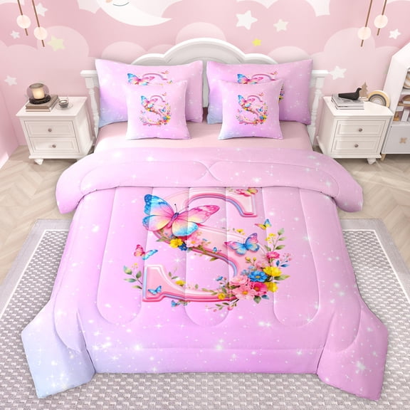 Homewish Flora Letter S Twin Bedding Sets 7-Piece for Teen, Fairy Tale Butterfly Bedding Comforter Set, Dreamy Cartoon Theme Reversible Sheet Sets, Ultra Soft Bedroom Decor