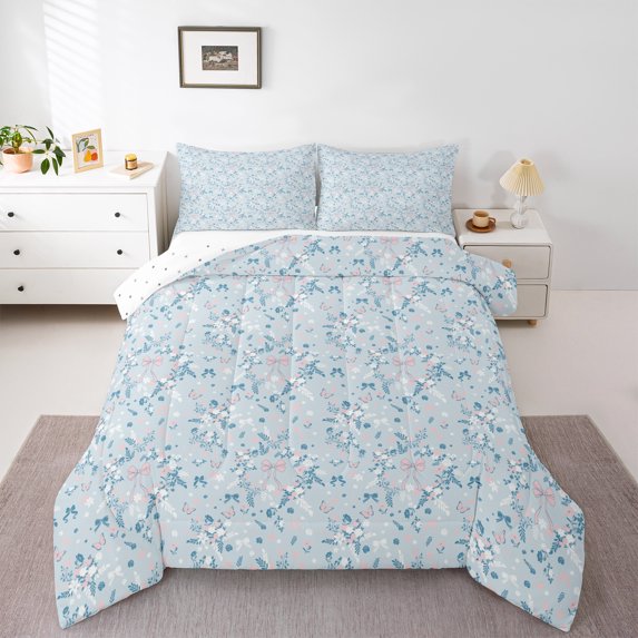 Homewish Floral Bow Knot Butterflies 3 Pieces Queen Comforter Set for Kids Children Teens,Spring Garden Ultra Soft Bedding Sets,Chic Flowers Bedding Comforter Set Breathable,Lightweight Room Decor