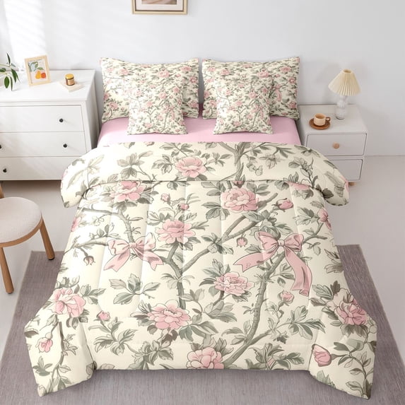 Homewish Floral Bow Knot Twin Bedding Sets 7-Piece for Female Men Adults,Chic Flowers Bedding Comforter Set Microfiber,Exotic Style Breathable Sheet Sets,Super Cozy Room Decor,Reversible