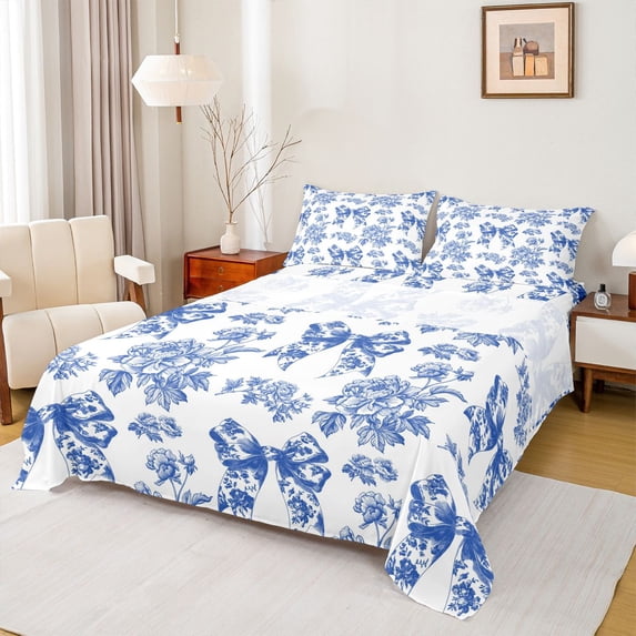 Homewish Floral Bowtie 4pcs Bed Sheets for Teens Boys Girls,Chic Flowers Blossoms King Sheets,Exotic Style Super Cozy Sheet Set,Lightweight Room Decor