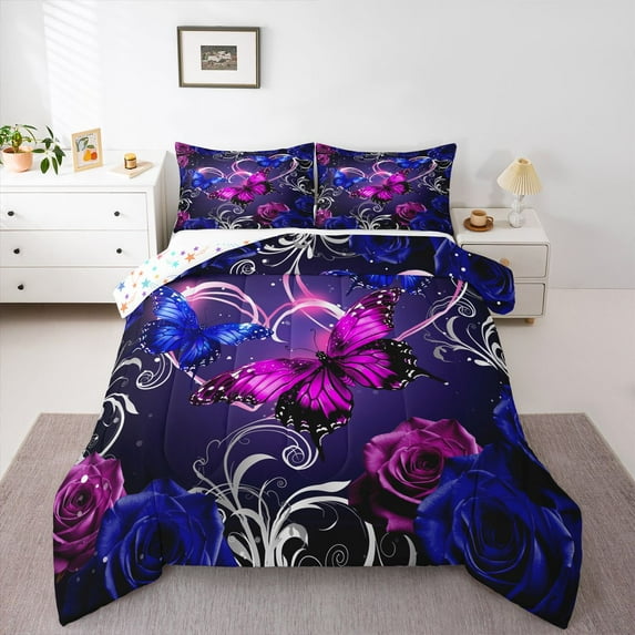 Homewish Floral Butterflies 3-Piece Full Size Comforter Sets for Female Men Women,Chic Flower Rose Bedding Comforter Set,Dreamy Princess Lightweight Bedding Sets,Ultra Soft Home Decor,Reversible