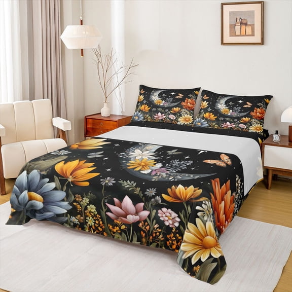 Homewish Floral Butterflies 4pcs Bed Sheets For Female Men Adults,Stars Sky Moon King Sheets,Chic Flowers Super Cozy Sheet Set,Ultra Soft Home Decor