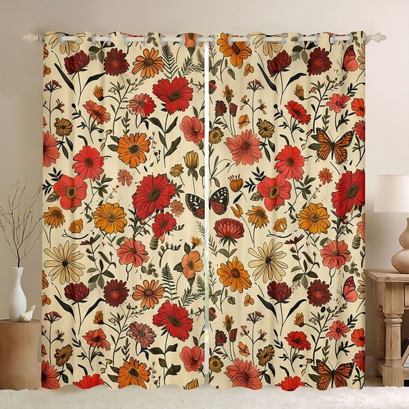 Homewish Floral Butterflies Curtains Pack of 2 (42x84 Each) for Teens Boys Girls,Chic Flowers Curtains Blackout,Retro Vintage Bedroom Curtains,Ultra Soft Home Decor