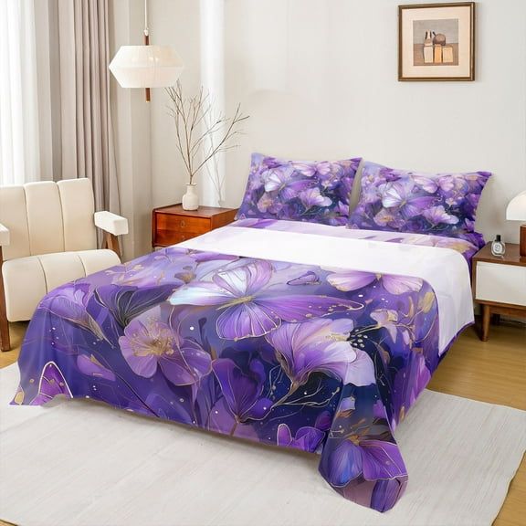 Homewish Floral Butterflies Girl 3pcs Twin Sheet Sets,Gradient Purple Twin Fitted Sheet,Dreamy Princess Breathable Flat Sheet,Microfiber Bedroom Decor