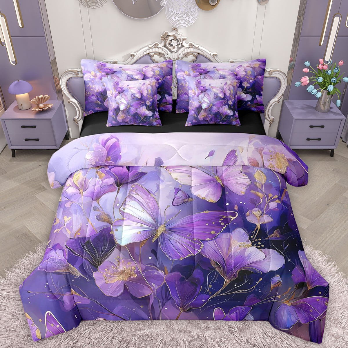 Homewish Floral Butterflies Girl 7-Piece Twin Bedding Sets,Gradient Purple Bedding Comforter Set,Dreamy Princess Breathable Sheet Sets,Microfiber Bedroom Decor,Reversible