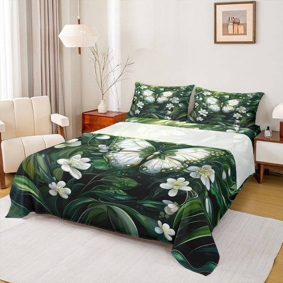Homewish Floral Butterfly 4 Pieces Queen Sheet Sets For Teens Adults Girls,Spring Garden Ultra Soft Flat Sheet,Exotic Chic Flower Queen Fitted Sheet,Super Cozy Room Decor