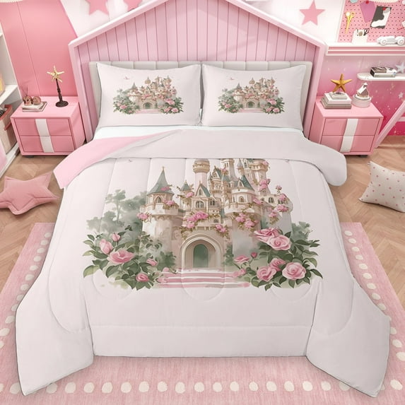 Homewish Floral Castle Girl Bedding Comforter Set 2pcs,Dreamy Princess Twin Comforter Sets Microfiber,Chic Flowers Rose Breathable Bedding Set,Breathable Home Decor,Reversible
