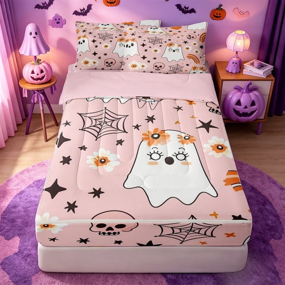 Homewish Floral Cute Halloween Ghost Zipper Full Size Comforter Sets with Fitted Sheet and 2 Pillowcases,Daisy Rainbow Skull Print Zipper Bedding Set,Blush Pink Orange Black,Pink Reversible,4-Piece