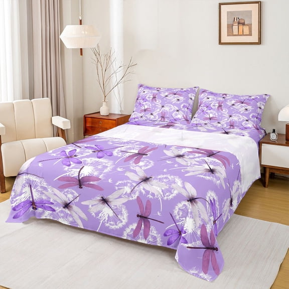 Homewish Floral Dragonflies 4 Pieces Queen Sheet Sets for Teens Female Men,White Flowers Dandelion Ultra Soft Flat Sheet,Vintage Aesthetics Queen Fitted Sheet,Breathable Home Decor