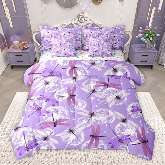 Homewish Floral Dragonflies Bedding Comforter Set 7-Piece for Teens Female Men,White Flowers Dandelion King Bedding Sets,Vintage Aesthetics Ultra Soft Bed Sheets,Breathable Home Decor,Reversible