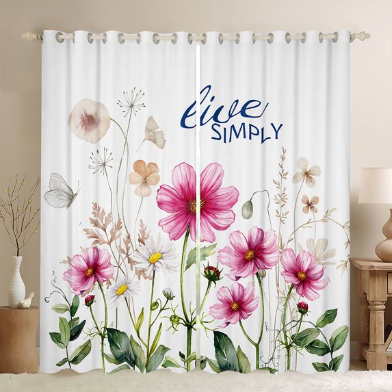 Homewish Floral Flower Daisy Curtains Pack of 2 (42x84 Each) for Girls Female Teens,Spring Graden Curtains Blackout,Pink Green Bedroom Curtains,Luxury Bedroom Decor