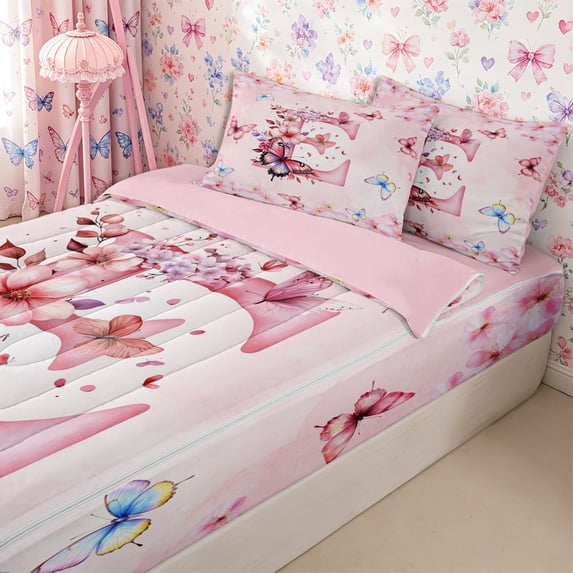Homewish Floral Initial E Zipper Full Size Comforter Sets with Fitted Sheet and 2 Pillowcases for Girls,Pink Flowers Butterflies Zipper Bedding Set,4pcs,Pink Reversible