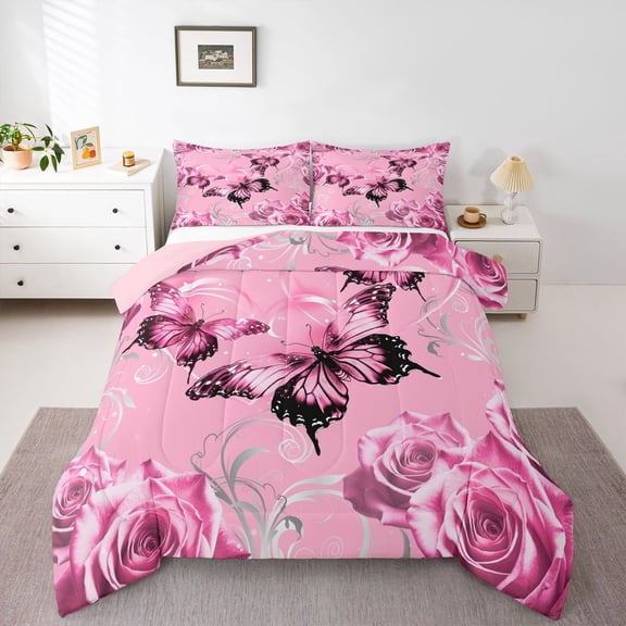 Homewish Floral Rose Butterfly Girl 2pcs Bedding Comforter Set,Dreamy Princess Twin Comforter Sets,Chic Flowers Breathable Bedding Set,Microfiber Bedroom Decor,Reversible
