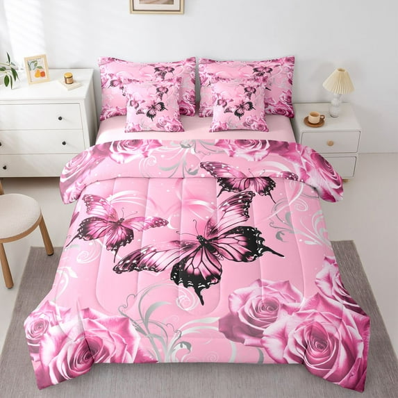 Homewish Floral Rose Butterfly Girl 7-Piece Twin Bedding Sets,Dreamy Princess Bedding Comforter Set,Chic Flowers Breathable Sheet Sets,Microfiber Bedroom Decor,Reversible