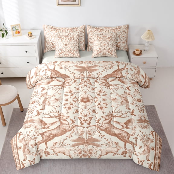 Homewish Floral Safari Deer Rabbit 7-Piece Bedding Comforter Set for Female Men,Jungle Animal King Bedding Sets,Exotic Style Ultra Soft Bed Sheets,Super Cozy Room Decor,Reversible