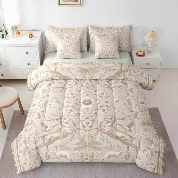 Homewish Floral Safari Deer Rabbit 7 Pieces Bedding Comforter Set for Female Men,Jungle Animal Full Bedding Set Lightweight,Exotic Style Fitted Sheet Flat Sheet,Super Cozy Room Decor,Reversible