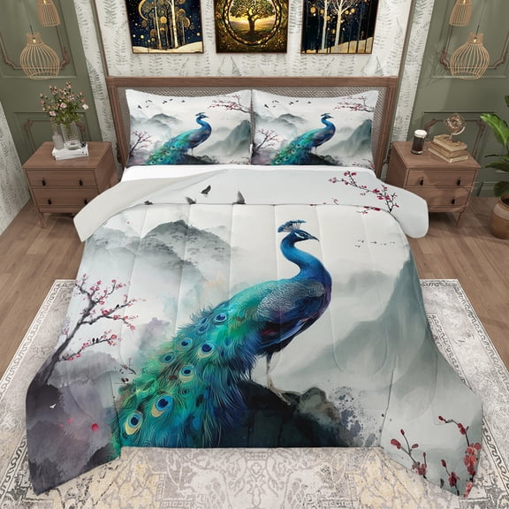 Homewish Floral Sakura Animal Peacock Bedding Comforter Set 2pcs for Adults Female Men Women,Japanese Style Twin Comforter Sets Microfiber,Chic Flower Cherry Blossoms Breathable Bedding Set