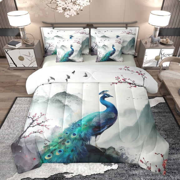 Homewish Floral Sakura Animal Peacock Bedding Comforter Set 7pcs for Adults Female Men Women,Japanese Style Queen Bedding Sets Super Cozy,Chic Flower Cherry Blossoms Queen Sheet Sets