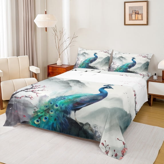 Homewish Floral Sakura Animal Peacock Twin Sheet Sets 3pcs for Adults Female Men Women,Japanese Style Twin Fitted Sheet Microfiber,Chic Flower Cherry Blossoms Breathable Flat Sheet