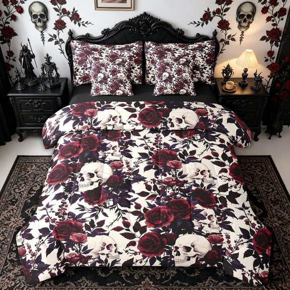 Homewish Floral Skull Skeleton Twin Bedding for Gifts, Cream Red Rose Gothic Bedding Comforter Set, Black Reversible, 7-Piece
