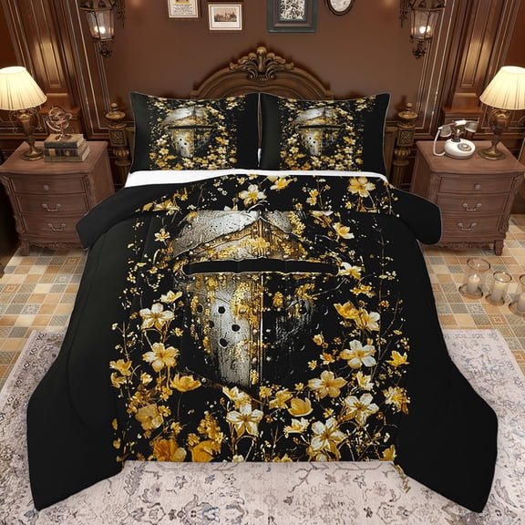 Homewish Floral Soldier Helmet Bedding Comforter Set 2pcs for Female Men Women,Retro Medieval Knight Twin Comforter Sets Microfiber,Vintage Rustic Flowers Breathable Bedding Set
