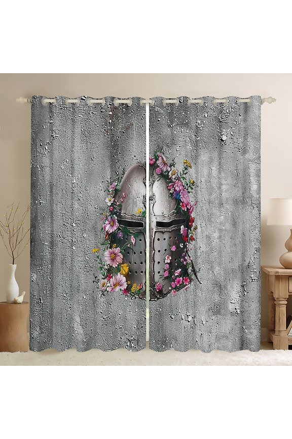 Floral Soldier Helmet Blackout Curtains Set of 2 (52x84 Each) for Female Men Women,Retro Medieval Knight Window Curtains,Vintage Rustic Flowers Curtains and Drapes,Ultra Soft Home Decor