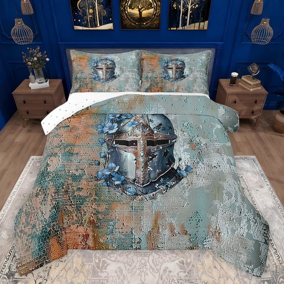 Homewish Floral Soldier Helmet Full Size Comforter Sets 3-Piece for Female Men Women,Retro Medieval Knight Bedding Comforter Set,Vintage Rustic Flowers Lightweight Bedding Sets