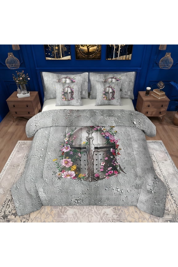 Floral Soldier Helmet Twin Bedding Sets 7-Piece for Female Men Women,Retro Medieval Knight Bedding Comforter Set Microfiber,Vintage Rustic Flowers Breathable Sheet Sets