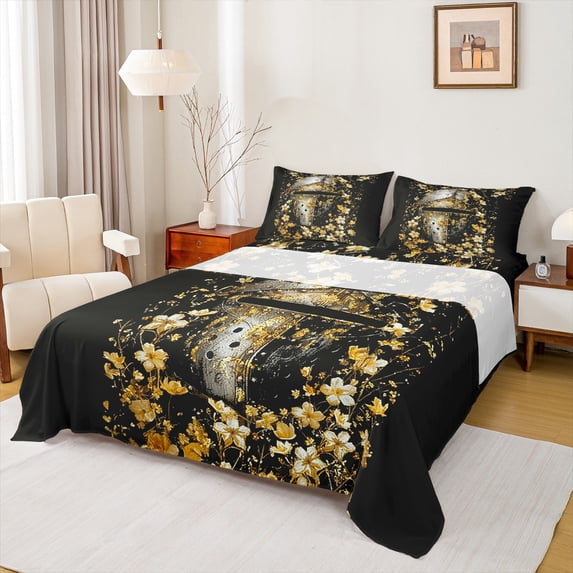 Homewish Floral Soldier Helmet Twin Sheet Sets 3pcs for Female Men Women,Retro Medieval Knight Twin Fitted Sheet Microfiber,Vintage Rustic Flowers Breathable Flat Sheet,Ultra Soft Home Decor