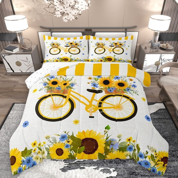 Homewish Floral Sunflowers 3-Piece Full Size Comforter Sets For Boys Girls,Chic Flowers Bedding Comforter Set,Spring Garden Lightweight Bedding Sets,Luxury Bedroom Decor,Reversible