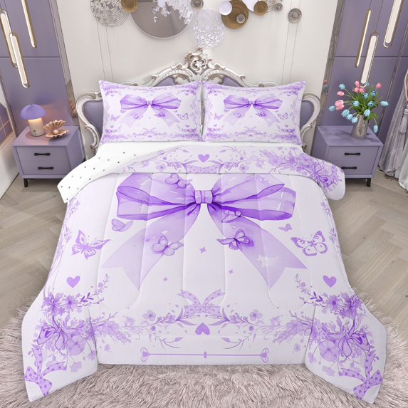 Homewish Flower Butterflies Bowtie 2pcs Bedding Comforter Set For Teens Children Female,Dreamy Princess Twin Comforter Sets,Purple Floral Bow Breathable Bedding Set,Super Cozy Room Decor,Reversible