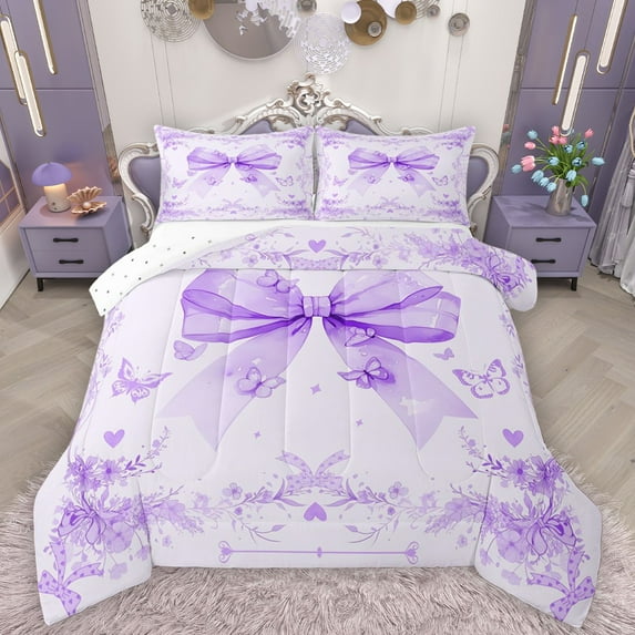 Homewish Flower Butterflies Bowtie 3 Pieces Queen Comforter Set For Teens Children Female,Dreamy Princess Ultra Soft Bedding Sets,Purple Floral Bow Bedding Comforter Set,Super Cozy Room Decor
