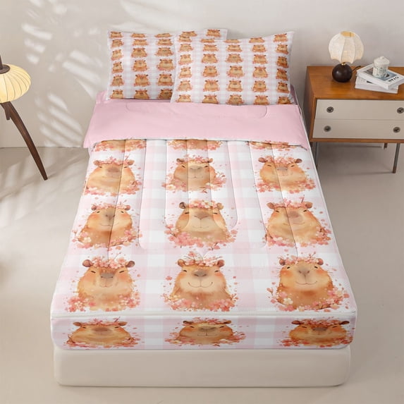 Homewish Flower Capybara Zipper Full Size Comforter Sets with Fitted Sheet and 2 Pillowcases for Kid, Buffalo Plaid Zipper Bedding Set, Pink Reversible, 4pcs