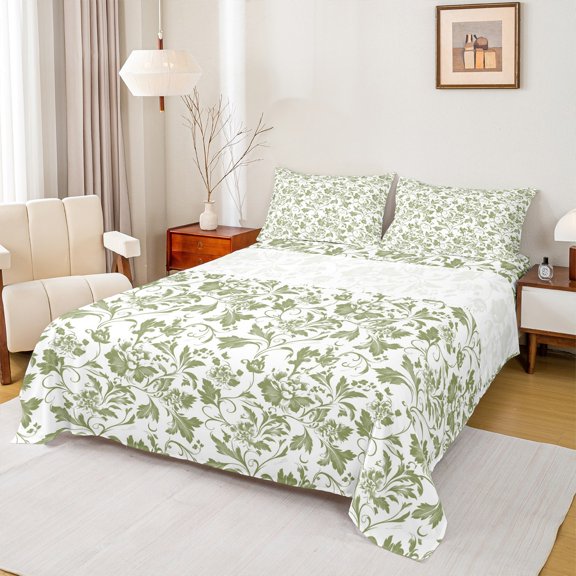 Homewish Flower Floral Women Bed Sheets, White Green Leaf Plant King Sheets, Simple French Style Sheet Set, Ultra Soft Bedroom Decor, 4pcs