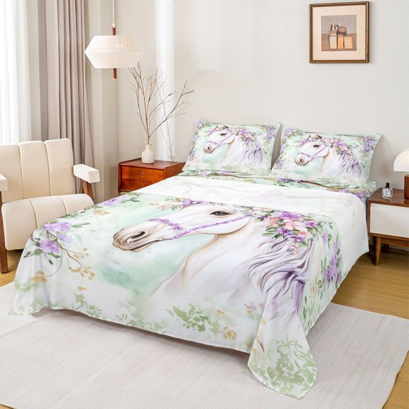 Homewish Flower Horse Teens Queen Sheet Sets, Rustic Purple Floral Flat Sheet, Farmhouse Animal Queen Fitted Sheet, Breathable Home Decor, 4 Pieces