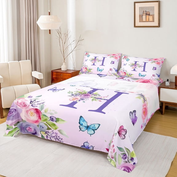 Homewish Flower Monogrammed H Bed Sheets for Kids, Cartoon Butterfly King Sheets, Purple Initial Letter Sheet Set, Microfiber Bedroom Decor, 4 Pieces