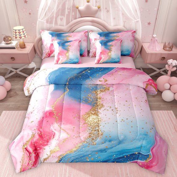 Homewish Fluid Aesthetic Desgin 7pcs Bedding Comforter Set,Modern Splashing Ink Queen Bedding Sets,Gold Glitter Print Queen Sheet Sets For Adults,Super Cozy Room Decor Reversible