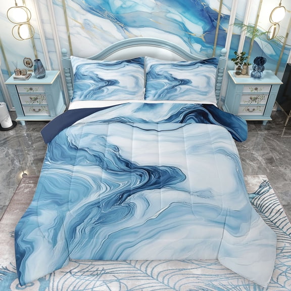 Homewish Fluid Aesthetic Desgin Queen Comforter Set,Modern Splashing Ink Bedding Sets,White Blue Bedding Comforter Set For Adults,Super Cozy Room Decor Reversible,3-Piece