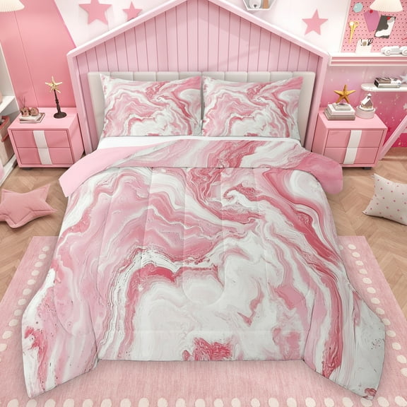 Homewish Fluid Art Bedding Comforter Set,Ink Painting Aesthetic Twin Comforter Sets,Pink White Bedding Set For Girls Kids,Super Cozy Room Decor Reversible,2-Piece