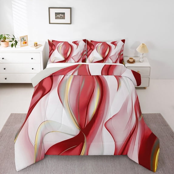 Homewish Fluid Ink Geometric Full Size Comforter Sets,Aesthetic Geometric Bedding Comforter Set,Red,Light Gray Reversible,3pcs,1 Comforter and 2 Pillowcases