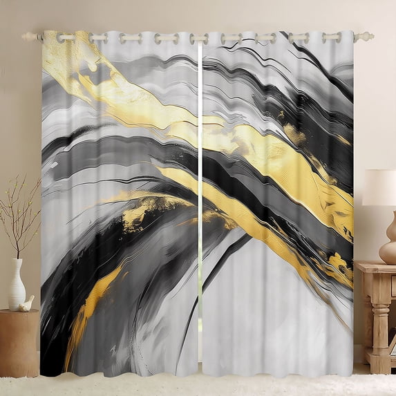 Homewish Fluid Ink Geometric Kitchen Curtains,Abstract Modern Black Out Curtains Pack of 2 (42x63 Each),Black Gold