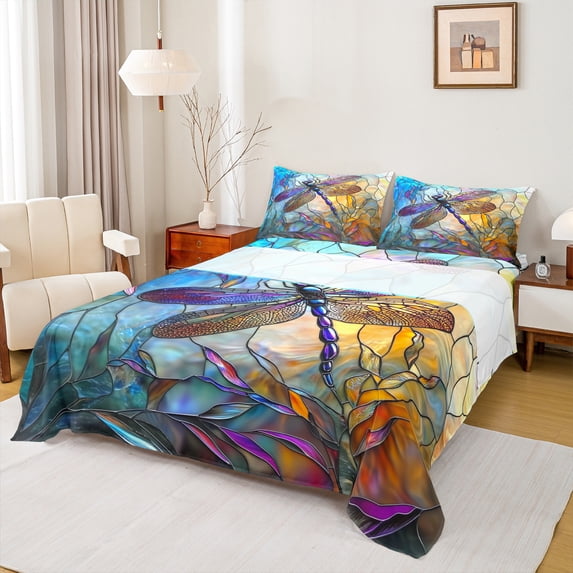 Homewish Flying Animal Dragonfly Twin Sheet Sets,Watercolor Galss Artistic Twin Fitted Sheet,Modern Aesthetic Flat Sheet For Men Women,Luxury Bedroom Decor,3-Piece
