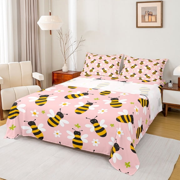 Homewish Flying Bee Full Size Sheets 4-Piece for Child Boys Girls,Spring Garden Breathable Bed Sheets,Floral Daisy Animal Lightweight Sheet Sets,Ultra Soft Home Decor