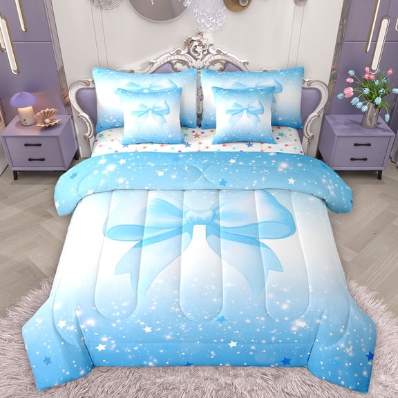 Homewish Flying Blue Bow 7-Piece Bedding Comforter Set For Teens Boys Girls,Gradient Ombre Glitter King Bedding Sets,Dreamy Princess Ultra Soft Bed Sheets,Breathable Home Decor,Reversible