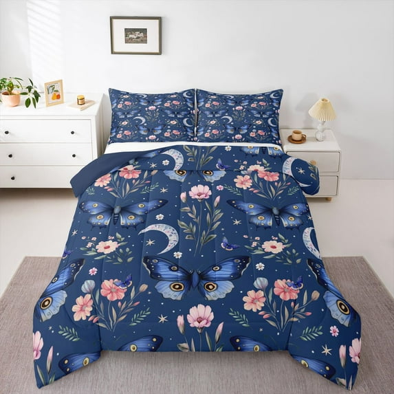 Homewish Flying Blue Butterflies 2pcs Bedding Comforter Set for Teens Female Men,Pink Floral Flower Twin Comforter Sets,Dreamy Princess Breathable Bedding Set,Microfiber Bedroom Decor,Reversible