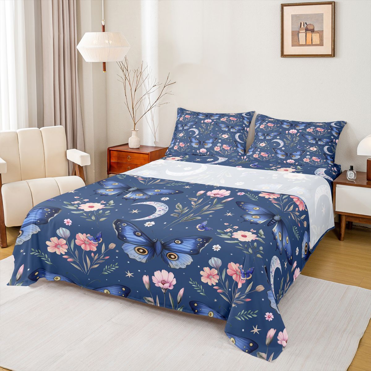 Homewish Flying Blue Butterflies 4pcs Bed Sheets for Teens Female Men,Pink Floral Flower King Sheets,Dreamy Princess Super Cozy Sheet Set,Microfiber Bedroom Decor